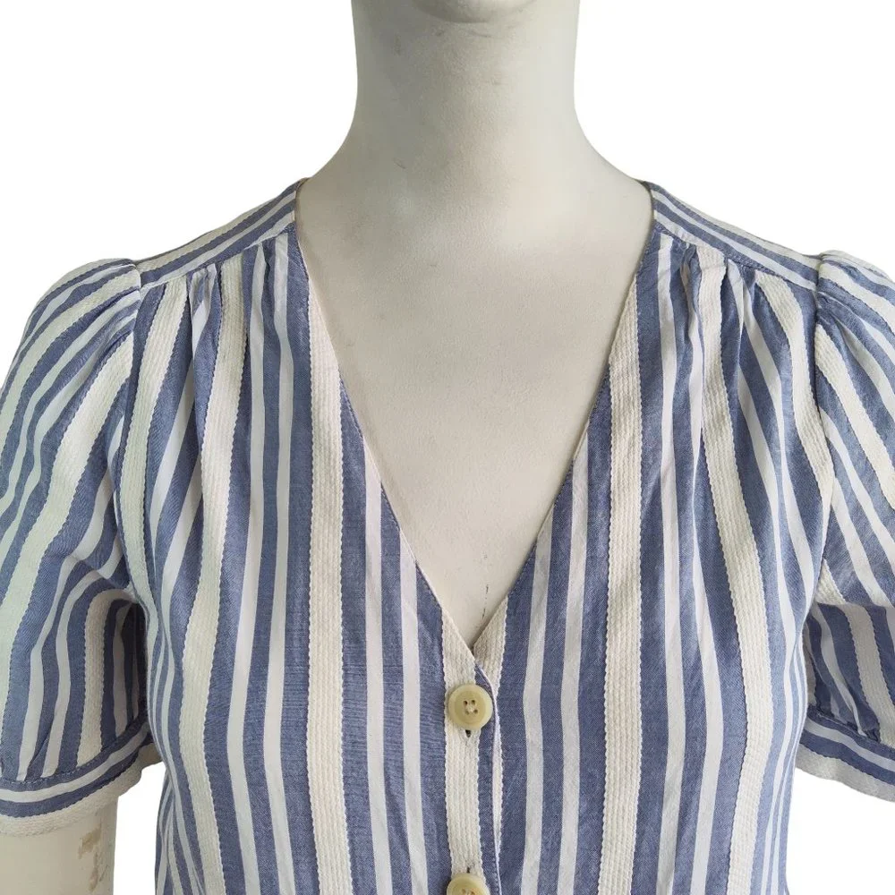 MADEWELL Plaza Coastal Coquette Stripe Button Front Cotton Viscose Blouse Sz XXS